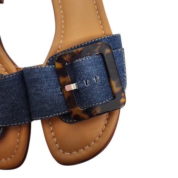 J. McLAUGLIN Shoes Womens 9.5 Blue Denim Bella Slide Sandal Tortoise Buckle Flat - Picture 4 of 9